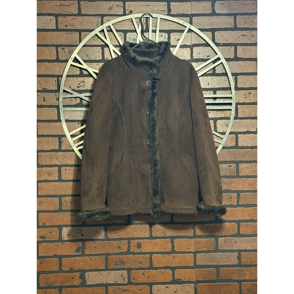 Womens Liz Claiborne Faux Suede Coat Faux Fur Collar/Sleeves Brown Size L